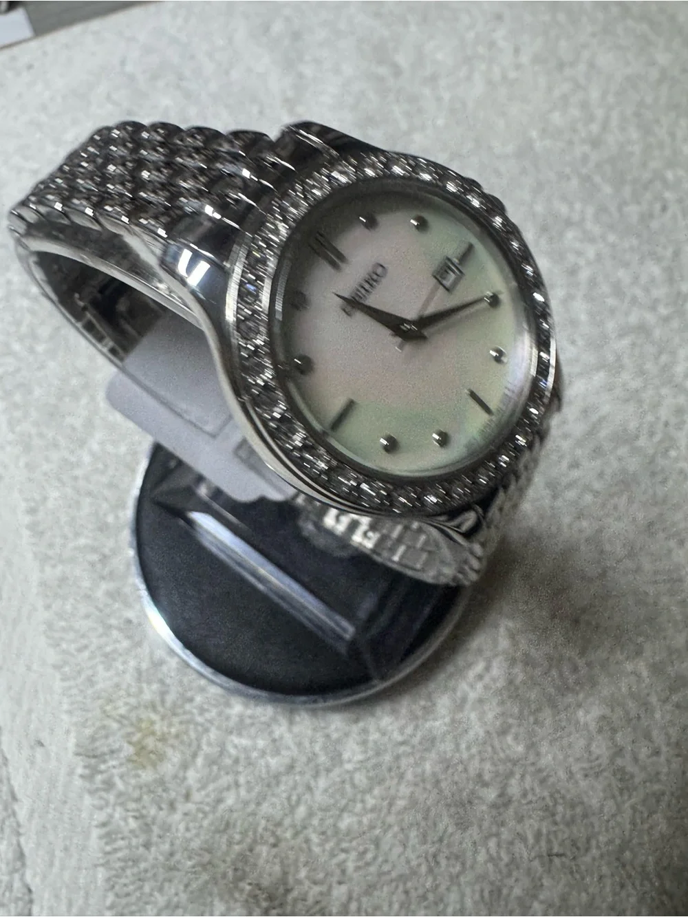 Seiko Silver and White Crystal-Trim Women's Bracelet Watch